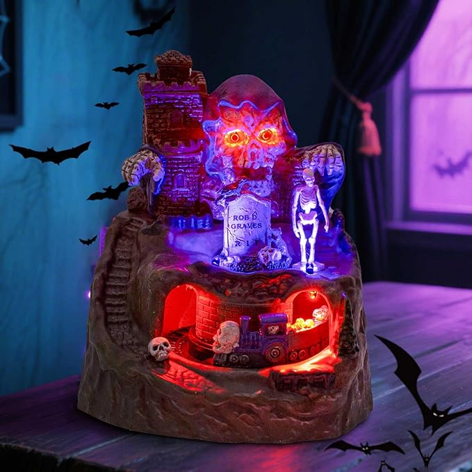 innodept12 Animated Halloween Small Village House - Moving Train and Skull Ghosts Tombstones Figurines with Pre-Lit Spooky Voice, Battery Operated, Not Including-Ruum Studio Home