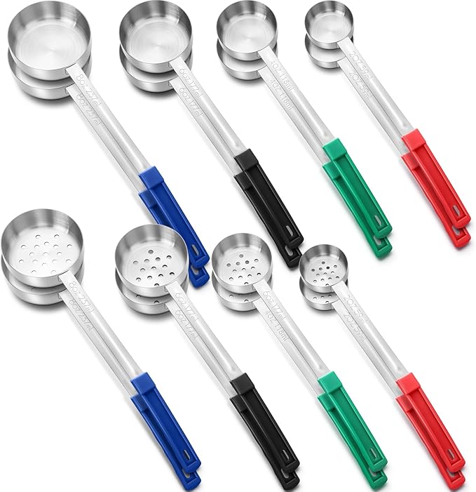 16 Pcs Portion Control Serving Spoons, Restaurant Measuring Serving Ladle Utensils, Portion Control Slotted Scoops for Weight Loss, Solid and Perforated Scoops(4 Colors,4 Sizes)-Ruum Studio Home