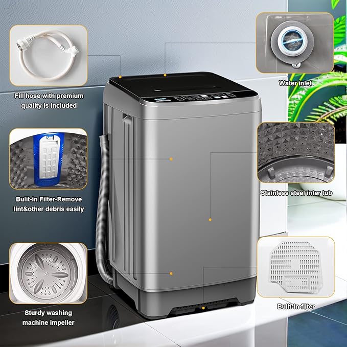 Portable Washing Machine 2.3 Cu. Ft. Full-Automatic Compact Washer Machine for Apartment, 10 Wash Program Small Portable Washer for Dorm, Apartment, RV, Home, Silver-Ruum Studio Home