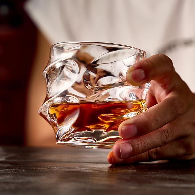 12 oz Hand Blown Crystal Whiskey Glasses Set of 4, Unique Cognac Glass, Heavy Thick Bottom Bar Glass for Scotch Bourbon Rum Gin Water Cocktail,Gifts Men Gifts Ideas-Ruum Studio Home