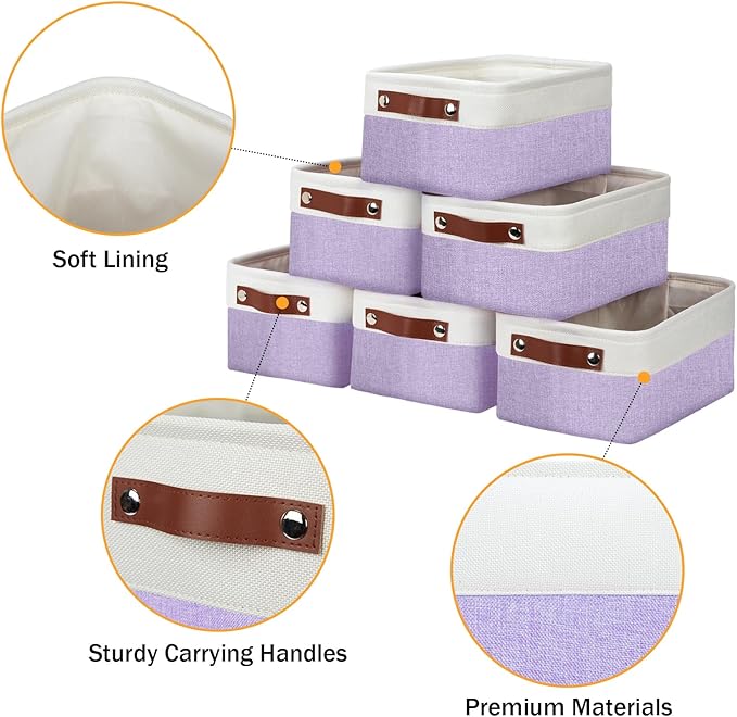 DULLEMELO Small Storage Baskets 6 Pack, Fabric Collapsible Gift Storage Baskets for Shelves, Closets, Nursery, Home, Office Organizing,Small Canvas Linen Rectangular Storage Bins (White&Purple)-Ruum Studio Home