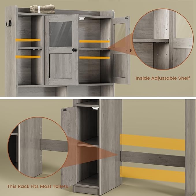 Itaar Over The Toilet Storage Cabinet, Over Toilet Bathroom Organizer with Glass Doors & Toilet Paper Holder Stand, Home Space-Saving Toilet Rack, for Bathroom, Restroom, Laundry, Grey-Ruum Studio Home