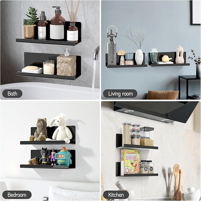 Acrylic Floating Shelves for Wall No Drilling, Self Adhesive Space-Saving Shelves, 12 Inch Floating Shelf Stick on Wall Shelf, for Bathroom, Kitchen, Bedroom, Office, Gaming Room, Black-Ruum Studio Home