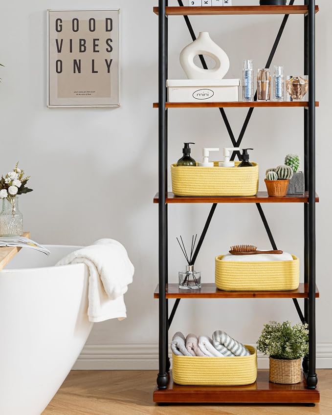 KALLAX Small Woven Basket, 12 x 8 x 4.5 Inches, Storage Basket for Organizing, Cute Small Rope Shelf Closet Cube Storage Bins Baskets for Shelves, Dog Toy Gift Baskets Empty, 3 Pack Yellow-Ruum Studio Home
