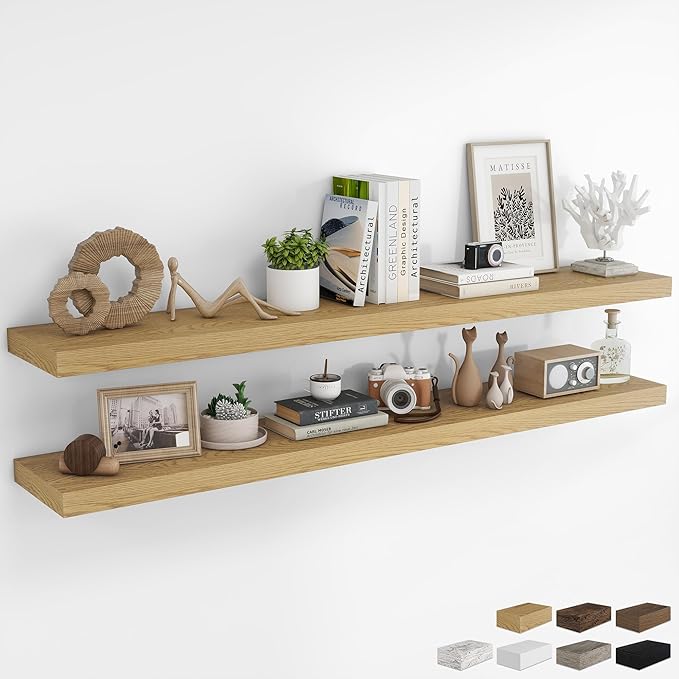 RICHFOCUS 72Inch Floating Shelves for Wall 2 Pack Shelves for Bedroom|Kitchen|Bathroom Wall Mounted Rustic Wood Floating Shelf with Invisible Brackets for Books|Storage|Decor, Oak-Ruum Studio Home