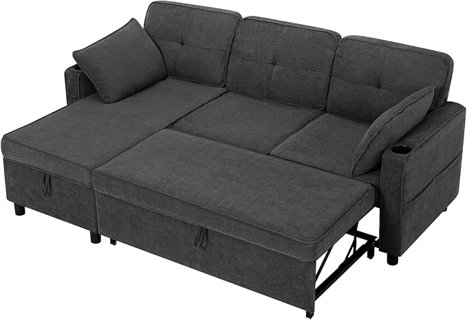 84 Inches Fabric Sectional Sofa w/Pull Out Sofa Bed & Adjustable Back, Tufted L Shaped Couch w/Storage Chaise, Sleeper Sectional Sofa w/USB Port & Cup Holders for Living Room, Grey-Ruum Studio Home