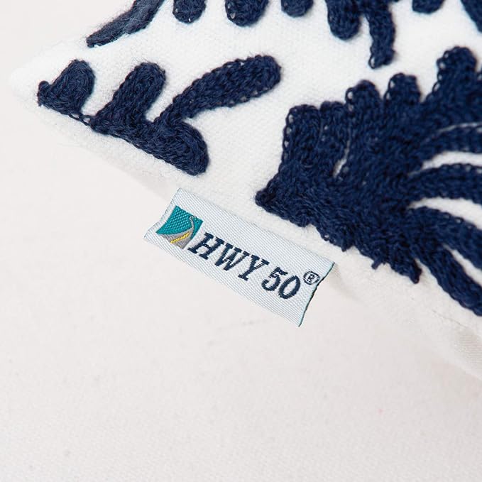 HWY 50 Navy Blue Decorative Throw Pillow Covers 18x18 Inch (1 Piece), Embroidered Cotton Farmhouse Cushion Cover Pillow Case for Sofa Couch Living Room Bed Bedroon, Floral Branches-Ruum Studio Home