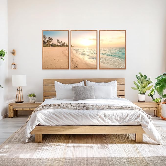 Aurlan Tropical Beach Sunset Framed Wall Art(16"x24"), 3PCS Coastal Ocean Island Canvas Artwork, Vintage Seascape Landscape Scenery Decor Prints for Office Home-Ruum Studio Home