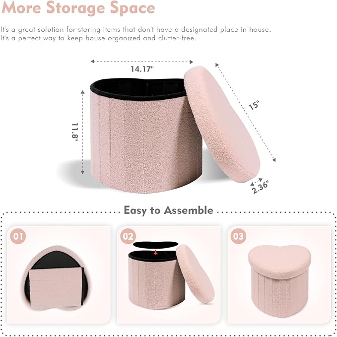 B FSOBEIIALEO Storage Ottoman Cube, Heart Shaped Ottomans with Storage Foot Stool Footrest for Lving Room, Boucle Ottoman Seat for Dorm Room,Faux Teddy Fur, Pink 15"x15"x15"-Ruum Studio Home