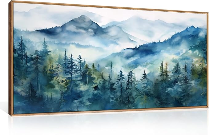 Celestdeco Blue Ridge Mountains Forest Framed Canvas Wall Art Set, Natural Landscape Wall Decor, Green Pine Trees Wall Painting, Woodland Artworks for Living Room, Bedroom, Dining Room - 20"x40"-Ruum Studio Home