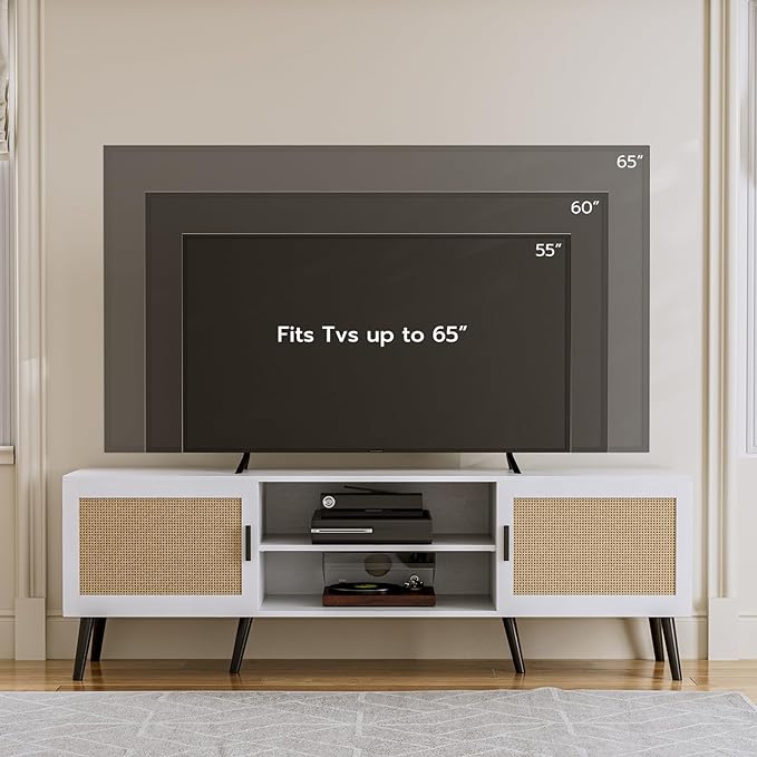 TV Stand for TVs up to 65'', Mid Century Modern Entertainment Center with Rattan Door, Shelves & 2 Cabinets, Boho Media TV Console for Living Room, Bedroom, White-Ruum Studio Home