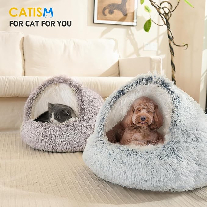 CATISM Cozy Plush Hooded Cat Bed, Indoor/Outdoor, Self-Warming Cave, Removable Washable Non-Slip Bottom-Ruum Studio Home