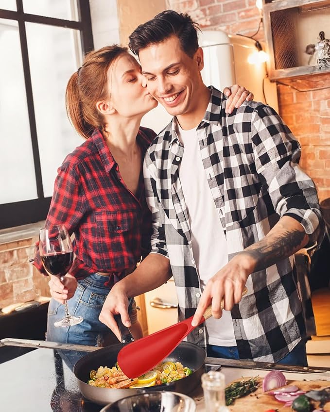 Cooking Spoon and Scraper for Nonstick Cookwares, Great for Cooking and Serving Durable BPA-Free Matte Silicone, Wood Handle Multifunction Spoon for Mixing, Scoop, and Scrape (RED)-Ruum Studio Home