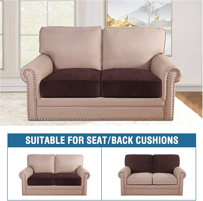 H.VERSAILTEX Velvet Stretch Couch Cushion Cover Plush Cushion Slipcover for Chair Loveseat Sofa Cushion Furniture Protector Seat Cushion Sofa Cover (2 Piece Medium Sofa Cushion Covers, Brown)-Ruum Studio Home