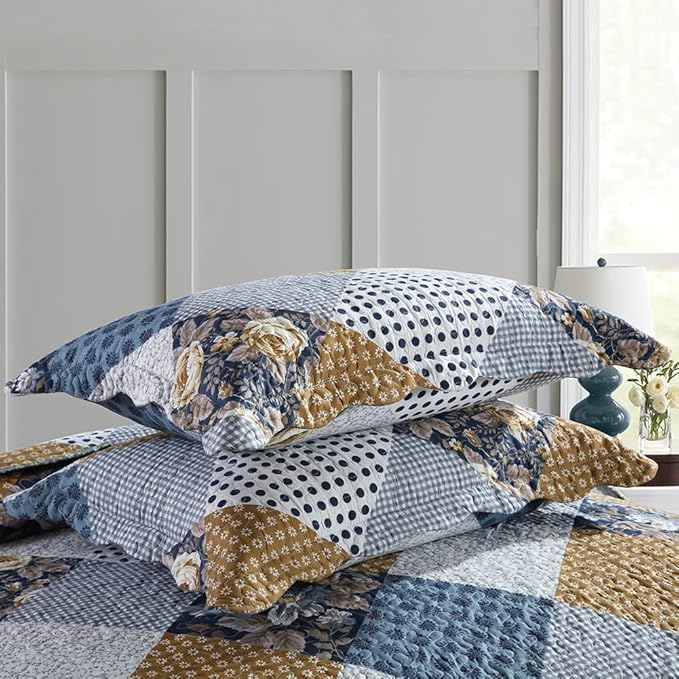 NEWLAKE Quilt Bedspread Sets-Checkered Floral Reversible Coverlet Set,Queen Size-Ruum Studio Home