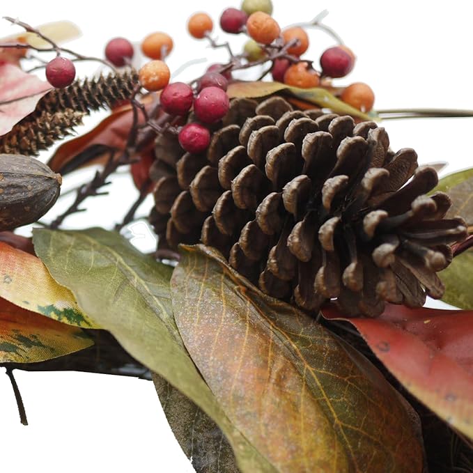 Admired By Nature 24 Inch Artificial Fall Magnolia Leaf Vine Berry Wreath Autumn Leaves For Wall Fornt Door Home Office Farmhouse Thanksgiving Harvest Cemetery Wreaths Indoor Outdoor, Orange-Pinecones-Ruum Studio Home