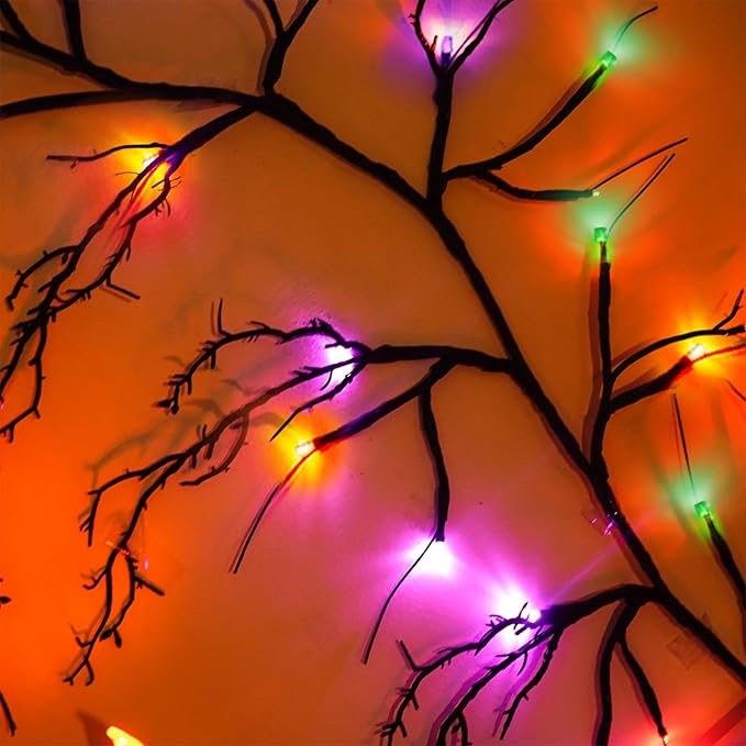 [ Timer & 8 Modes ] 6 Ft 54LED Halloween Willow Vine Twig Decor Branches Garland Decorations Orange ＆ Purple ＆ Green Lights -Battery Operated Garland for Indoor Wall Fireplace Halloween Decorations-Ruum Studio Home