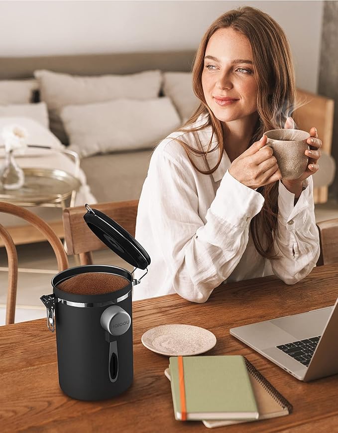 HAIOOU Airtight Coffee Canister, 22OZ Large Stainless Steel Coffee Bean Storage Container with Date Tracker, Measuring Scoop, 6Pcs CO2 Valves and Mini Tongs for Beans, Grounds, Sugar and more - Black-Ruum Studio Home