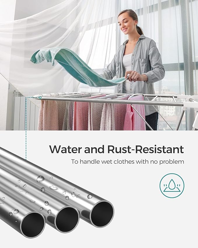 SONGMICS Clothes Drying Rack, with Sock Clips, Metal Laundry Rack, Foldable, Space-Saving, Free-Standing Airer, with 2 Height-Adjustable Gullwings, Indoor Outdoor Use, Silver and White ULLR052W01-Ruum Studio Home