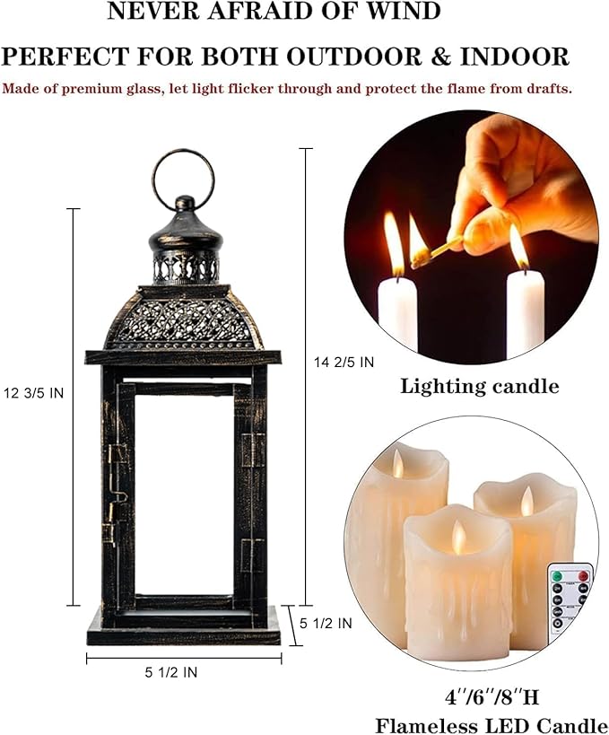 DECORKEY Lanterns Decorative Indoor&Outdoor, 14.4'' Large Black Square Hanging Lanterns, Vintage Metal Candle Holder for Outdoor Patio Front Door Porch Wedding Party Decor-Ruum Studio Home
