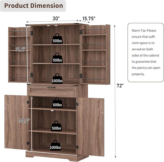 72'' Kitchen Storage Pantry Cabinet, Tall Storage Cabinet with 8 Door Shelves, 2 Cabinets and 1 Drawer, Freestanding Cupboard for Kitchen, Dining Room, Bathroom, Laundry, Living Room, Espresso-Ruum Studio Home