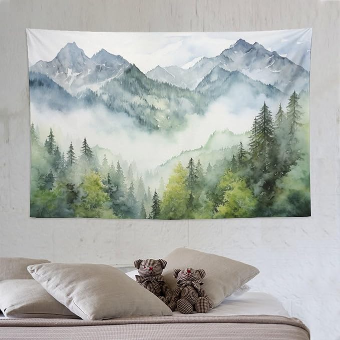 HZOHNAGO Mountain Tapestry Misty Green Forest Mountain Pattern Printed Wall Tapestry Wall Hanging for Bedroom Living Room Dorm 90" W x 60" H-Ruum Studio Home