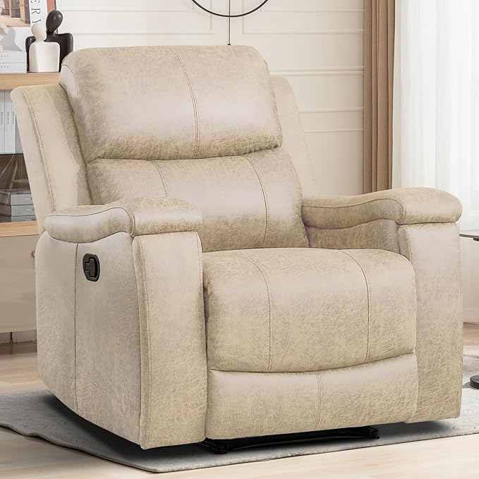 EBELLO Recliner Chair, Single Overstuffed Sofa Recliner, Breathable Faux Leather Manual Reclining Chairs with Hidden Cup Holder, Arm and Back for Adults, Living Room, Bedroom, Beige-Ruum Studio Home
