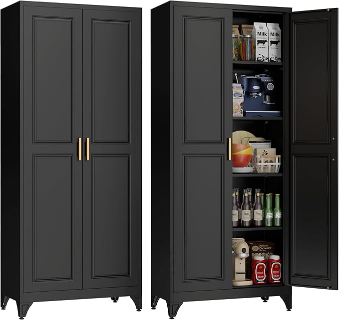 75" Storage Cabinet, Metal Pantry Cabinet, Kitchen Pantry Storage Cabinets with Doors and 4 Shelves, Cabinets for Laundry Room, Living Room, Dinning Room, Assembly Required, Black-Ruum Studio Home