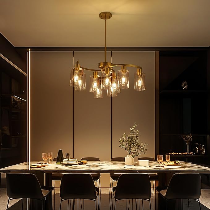 9-Light Gold Glass Chandelier, Adjustable Height Dining Room Light Fixtures Over Table, Contemporary Hanging Chandelier for Kitchen Island Living Room Foyer Office, Clear Glass Shade-Ruum Studio Home