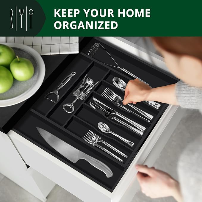 ROYAL CRAFT WOOD Luxury Bamboo Kitchen Drawer Organizer - Silverware Organizer - Utensil Holder and Cutlery Tray with Grooved Drawer Dividers for Flatware and Kitchen Utensils (9 Slot, Black)-Ruum Studio Home