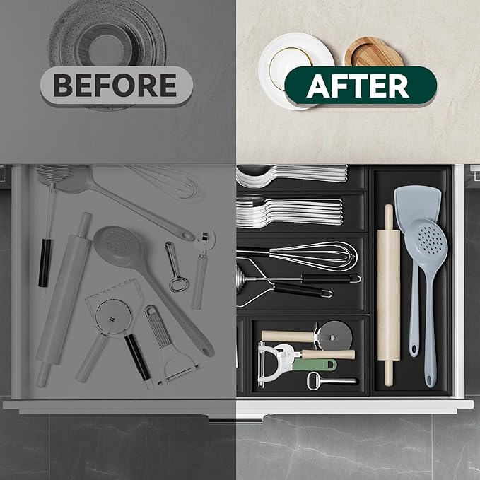 Bamboo Drawer Organizer, Extra Large Silverware Organizer for Kitchen Drawer, Stackable Utensil Organizer, 2 Pcs Toilet Tank Topper Tray, Wooden Toilet Paper Basket (Black, 17 X 6 X 2 Inch)-Ruum Studio Home
