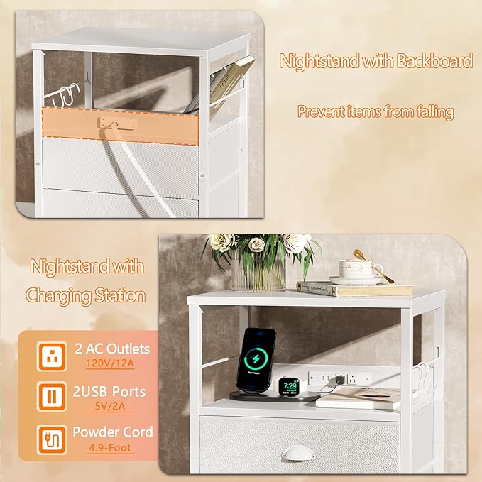 Furologee Night Stand with Charging Station, Bedside Table with Fabric Drawers, End Table with USB Ports & Outlets, White Nightstand with Storage Shelf & Hooks, for Living Room/Bedroom, White-Ruum Studio Home