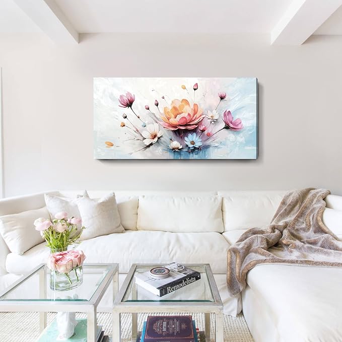 amatop Large Floral Wall Art – Modern Pink White and Blue Abstract Colorful Flower Bouquet Print Large Botanical Canvas Picture Nature Artwork Wall Decor for Living Room Bedroom Office 48x24 inch-Ruum Studio Home