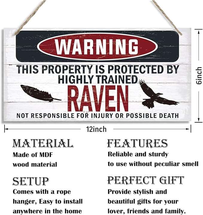 Warning Sign, Raven Warning Wood Plaque Sign, Funny Door Signs, Decorative Wood Hanging Suspension Plaque, Farmhouse Wooden Wall Decor, Outdoor Hanging Wooden Signs-Ruum Studio Home