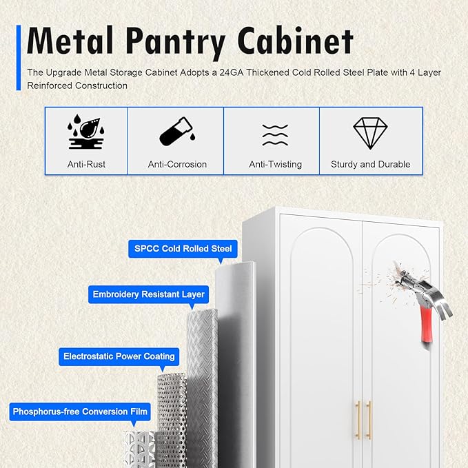Metal Storage Cabinet with Doors and Shelves, 75 Inch Tall Kitchen Pantry Cabinet, Pantry Cabinets for Kitchen Storage, Freestanding Cupboard for Living, Dining Room, White, Assembly Required-Ruum Studio Home