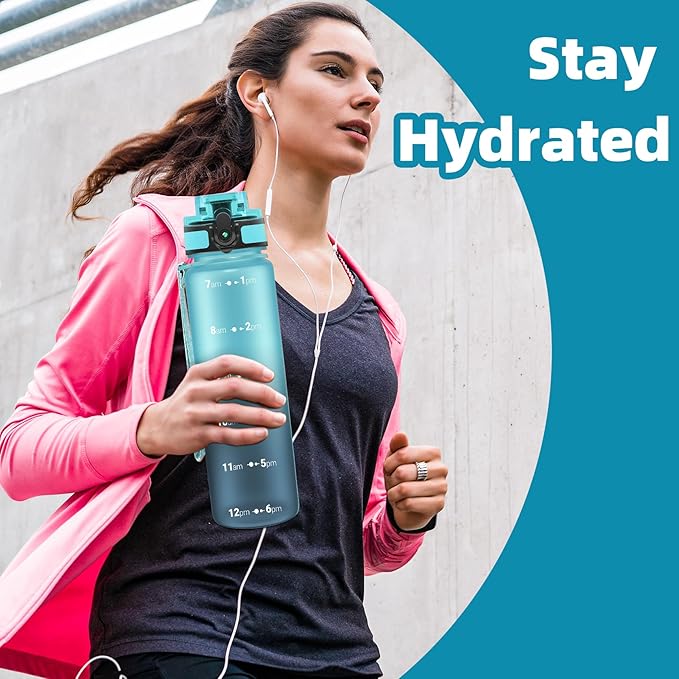 OLDLEY 32 oz Water Bottle, Motivational Water Bottle with Time Marker, Sports Water Bottle With Strap, Leakproof & BPA Free Large Water Bottles for School, Gym, Travel, Outdoor, Tritan,Blue&Gray-Ruum Studio Home