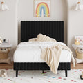 Twin Bed Frame, Velvet Upholstered Platform Bed with Vertical Channel Tufted Headboard and Footboard, No Box Spring Required, Easy Assembly, Black-Ruum Studio Home