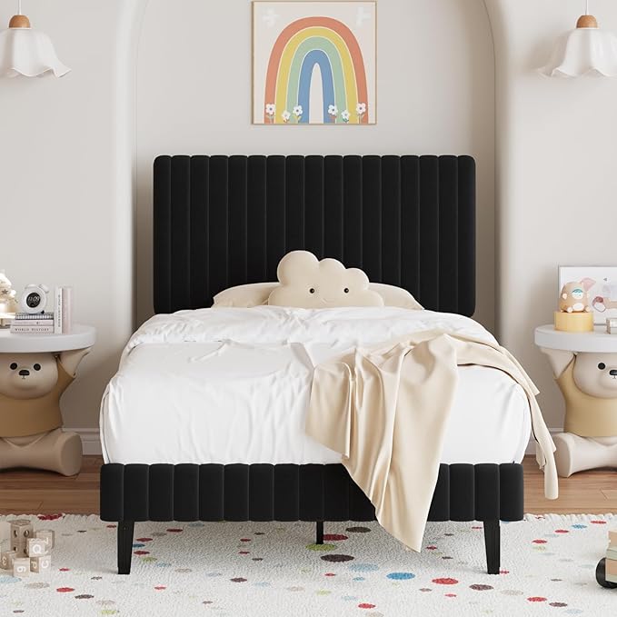 Twin Bed Frame, Velvet Upholstered Platform Bed with Vertical Channel Tufted Headboard and Footboard, No Box Spring Required, Easy Assembly, Black-Ruum Studio Home