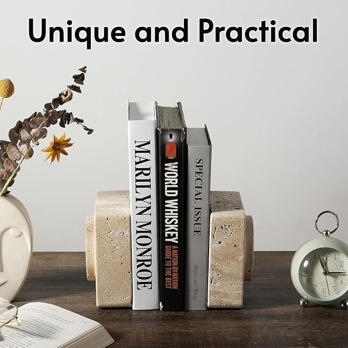 Koville Marble Square Book Ends, Heavy Duty Book Holders, Bookends for Shelves, Office Bookshelf Decor for CDs/Video Games(Travertino Romano)-Ruum Studio Home