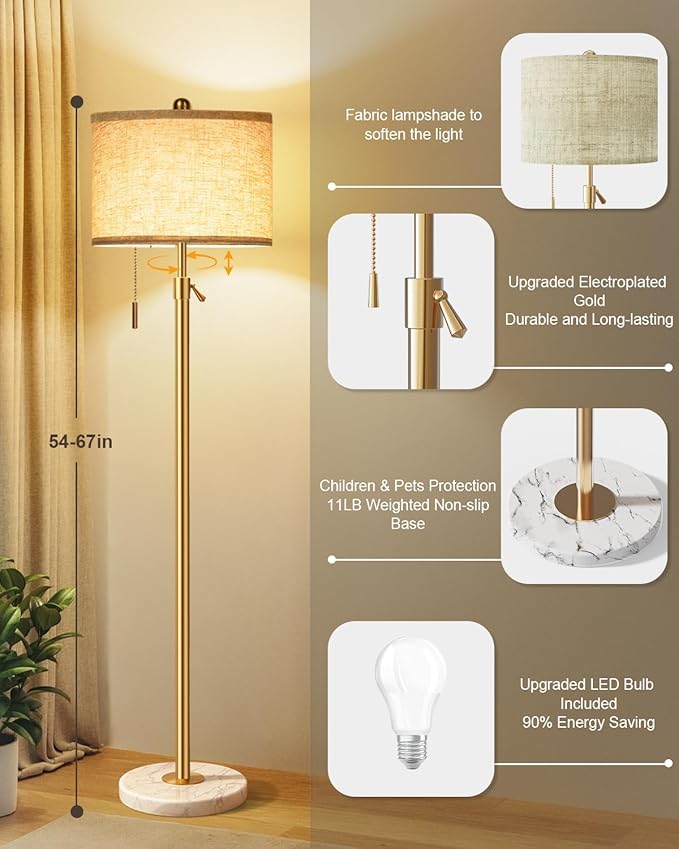 Modern Gold Floor Lamp for Living Room - Adjustable Height Standing Lamp with Marble Base & Linen Shade, 3-Way Dimmable Tall Floor Light for Bedroom, Reading, Bulb Included-Ruum Studio Home