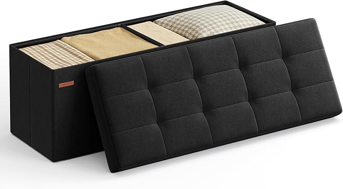 SONGMICS MAZIE Collection - 43 Inches Folding Storage Ottoman Bench, Ottoman Foot Rest, End of Bed Bench, Storage Chest, Load 660 lb, for Living Room, Bedroom, Entryway, Ink Black ULSF077B01-Ruum Studio Home