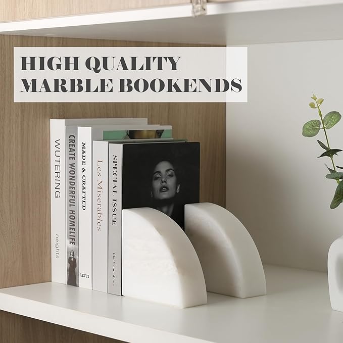 Marble Bookend for Shelves, Non-Skid Bookends for Heavy Books, Heavy Duty Book Stopper for CDs, Luxury Book Shelf Holder, Quarter Circle Design Book Ends Decorative, Namib Fantasy, Set of 2-Ruum Studio Home