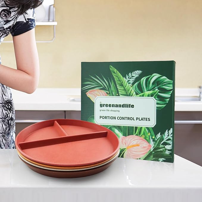 greenandlife 9 Inch 4PCS Unbreakable Portion Control Plates, Divided Plates for Kids Adults, Dishwasher & Microwave Safe Compartment Plate, Lightweight Reusable Wheat Straw Plate, BPA Free-Ruum Studio Home