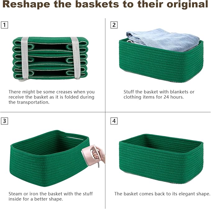 3 Pack Small Storage Baskets for Organizing, Cute Woven Decorative Gift Baskets for Shelves, Mini Closet Organizer Bins with Handles, 11.81''Lx7.87''Wx4.72''H-Green-Ruum Studio Home