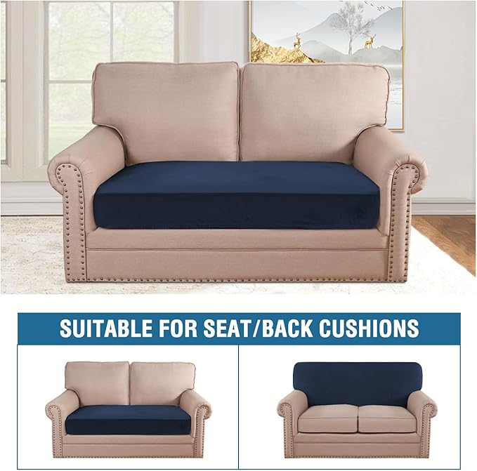 H.VERSAILTEX Velvet Stretch Individual Couch Cushion Cover Plush Slipcover for Loveseat Sofa Furniture Protector Seat Cover (1 Piece Loveseat Cushion Cover, Navy)-Ruum Studio Home