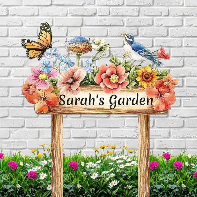 Personalized Colorful Bird Metal Sign with Stake,Custom Gardener Last Name Signs Outdoor Decorate,Customized Garden Accessories Decor for Mom,Butterfly Flowers Plaques for Patio Lawn Porch Backyard-Ruum Studio Home