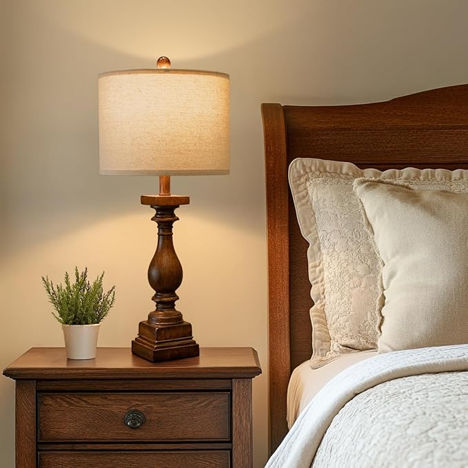 BOBOMOMO 27" Farmhouse Living Room Lamps with USB-A +C Ports, Vintage Rustic Bedside Night Stand Lamps Set of 2, Linen Shade, Retro Side Table Lamps for Living Room, Bedroom, Office, Home Decor-Ruum Studio Home