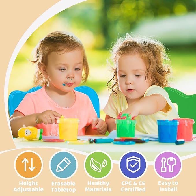 FUNLIO Kids Table and 4 Chairs Set for Ages 3-8, Height Adjustable Toddler Table and Chair Set, Easy to Wipe Arts & Crafts Table, for Classrooms/Daycares/Homes, CPC & CE Approved(5 pcs Set)-Multicolor-Ruum Studio Home