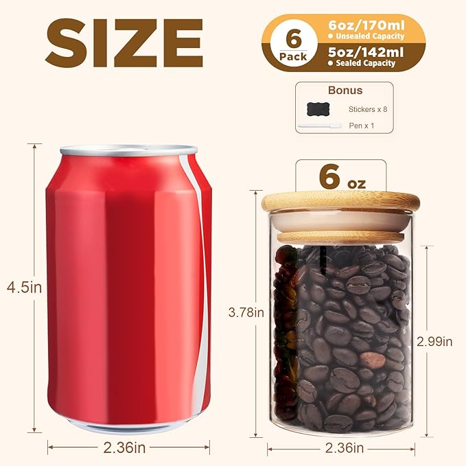 6oz Glass Food Storage Jars, Glass Jars with Bamboo Lids, Kitchen Storage Jars, Set of 6, Canisters with Airtight Lids for Spice, Coffee, Cookie, Pantry Organizers-Ruum Studio Home