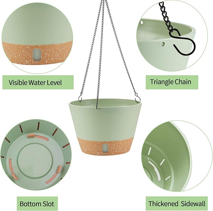 2 Pack Hanging Planters, 10 inch Indoor Outdoor Hanging Plant Pot Basket, Hanging Plastic Flower Pot with Drainage Hole with Removable Tray&Hooks for Hanging Plants,Green-Ruum Studio Home